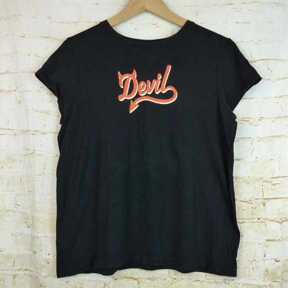 Y2K Devil T-shirt Womens XL Black Spellout Horns Cap Sleeve Old Navy Gothic VTG - Picture 1 of 8
